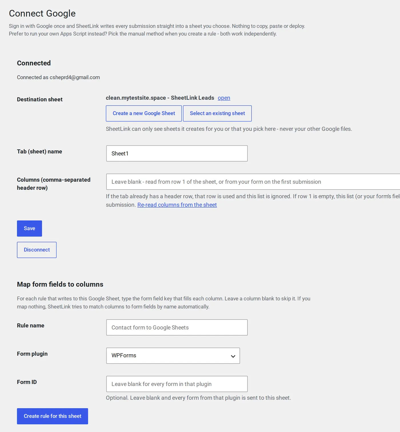 Connect Google page showing the connected account, destination sheet buttons, and the Create rule for this sheet form