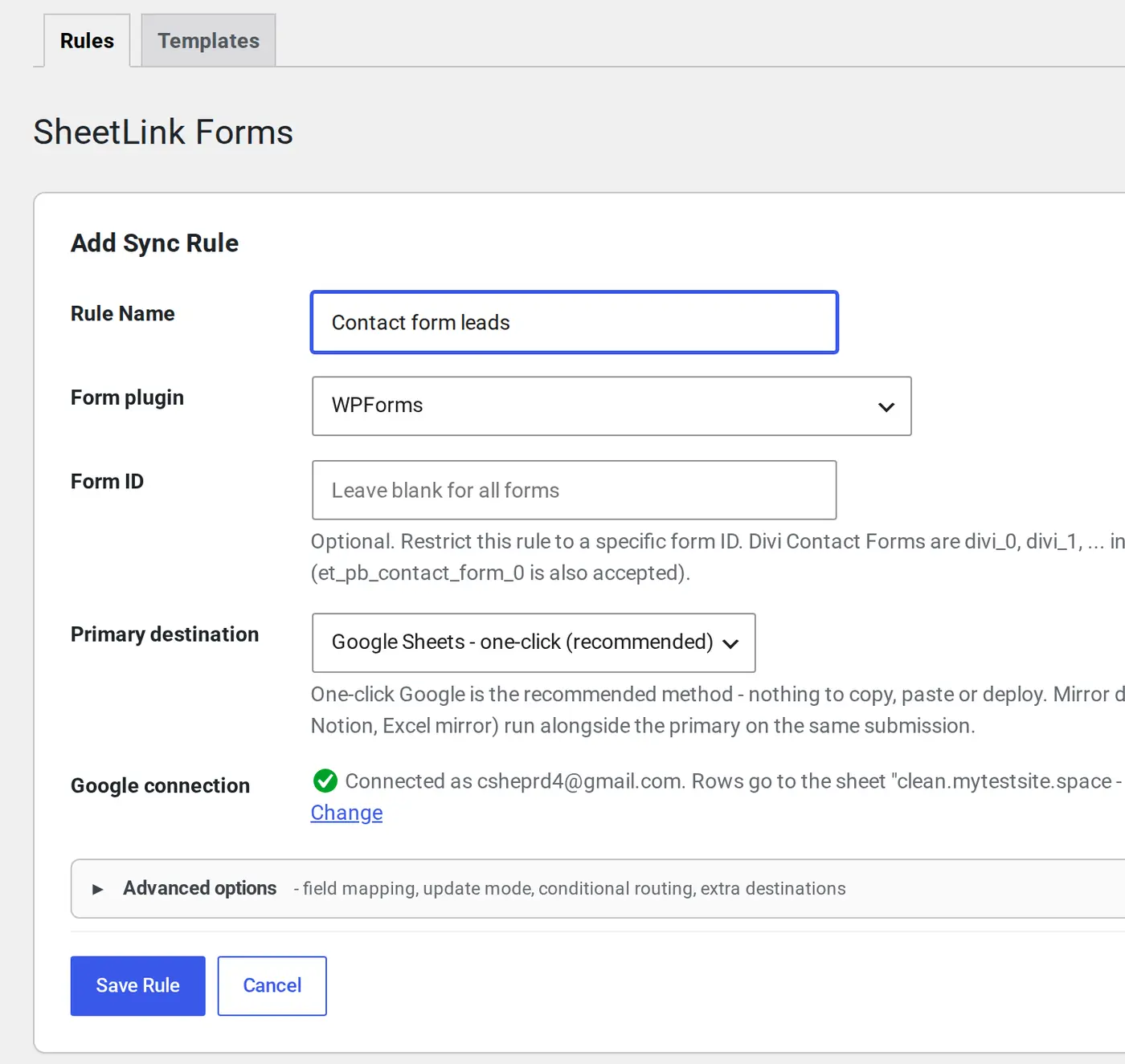 Add Sync Rule editor with Rule Name, Form plugin set to WPForms, one-click Google selected as the destination, and a collapsed Advanced options row