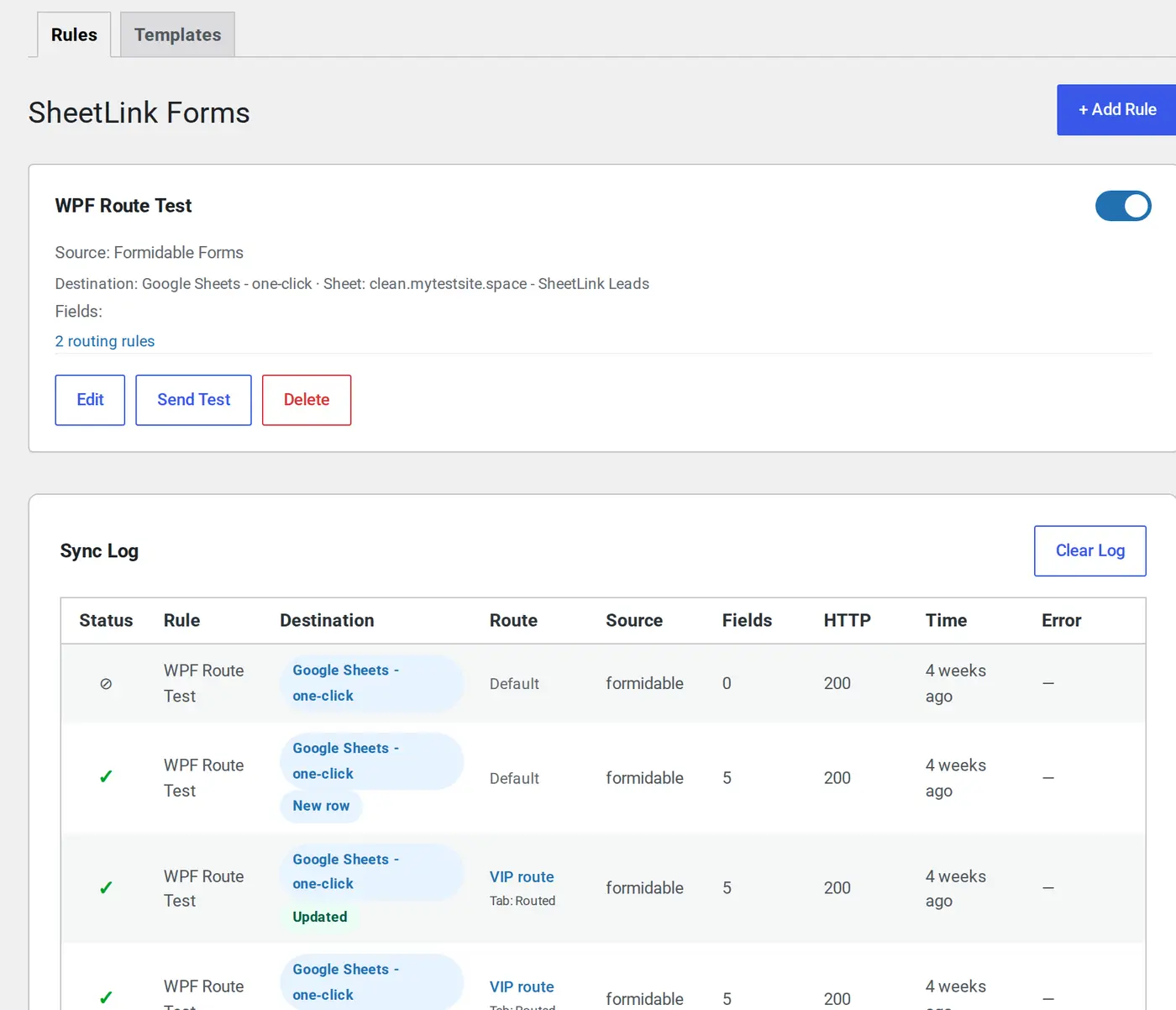 Sync Rules page with one rule card and the Sync Log table listing deliveries