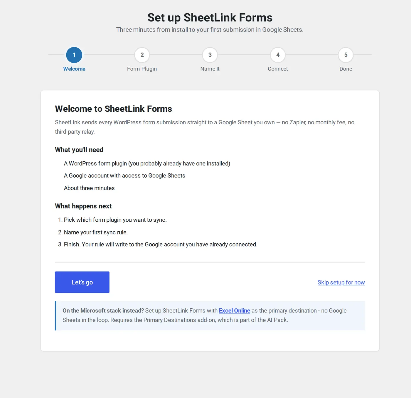 SheetLink Forms setup guide, step 1 of 5, with the Let's go button